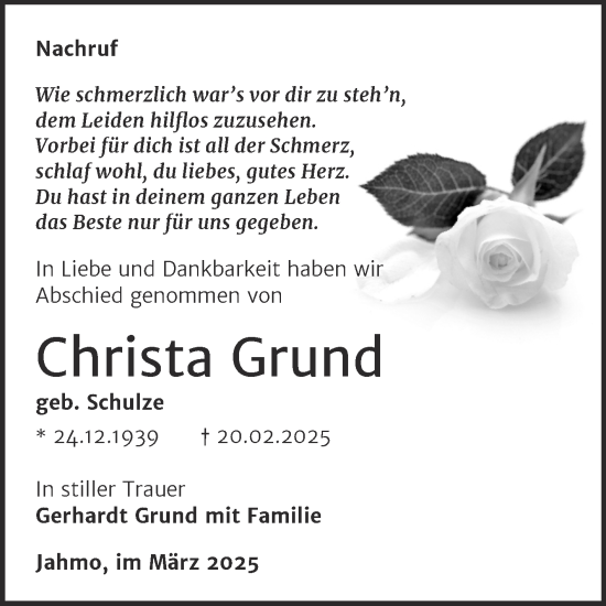 Traueranzeige von Christa Grund von Trauerkombi Wittenberg