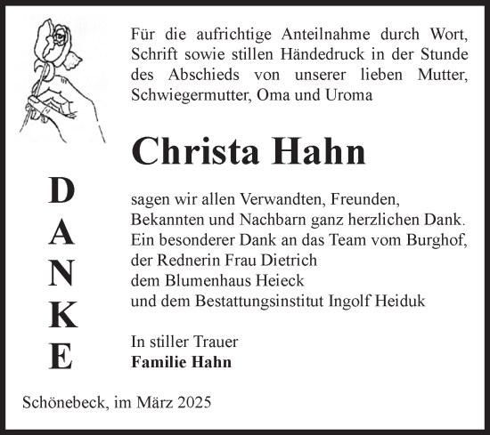Traueranzeige von Christa Hahn von Volksstimme Schönebeck