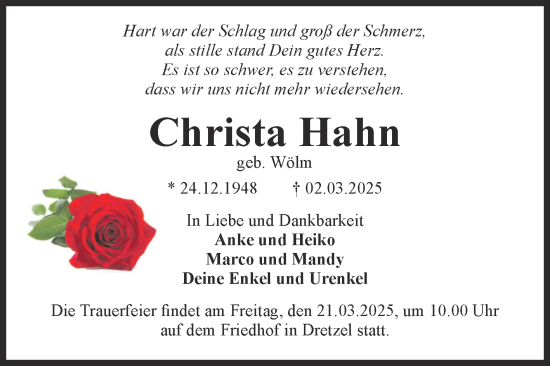 Traueranzeige von Christa Hahn von Volksstimme Burg/Genthin