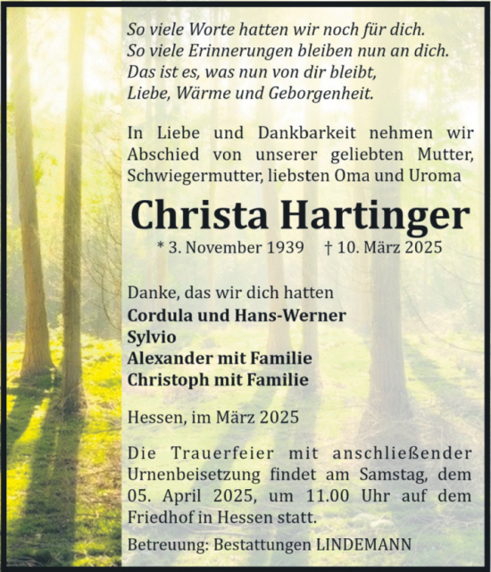Traueranzeige von Christa Hartinger von Volksstimme Halberstadt