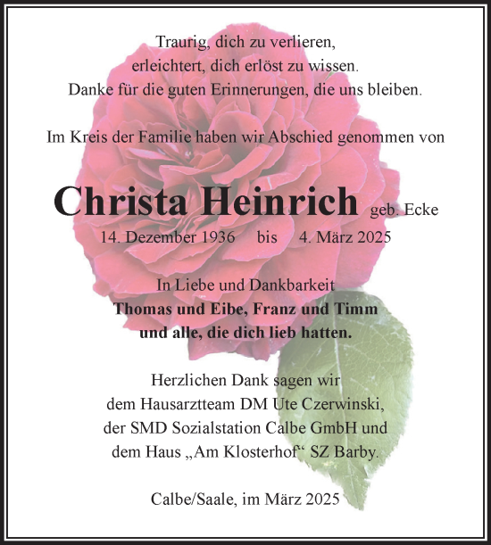 Traueranzeige von Christa Heinrich von Volksstimme Schönebeck
