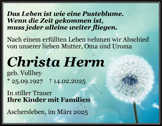 Traueranzeige von Christa Herm von Trauerkombi Aschersleben
