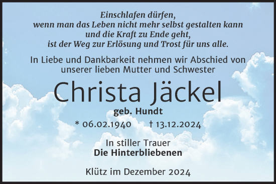 Traueranzeige von Christa Jäckel von Mitteldeutsche Zeitung Zeitz