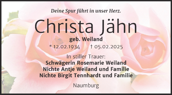Traueranzeige von Christa Jähn von Naumburger Tageblatt
