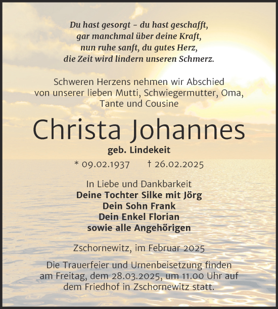 Traueranzeige von Christa Johannes von Trauerkombi Wittenberg