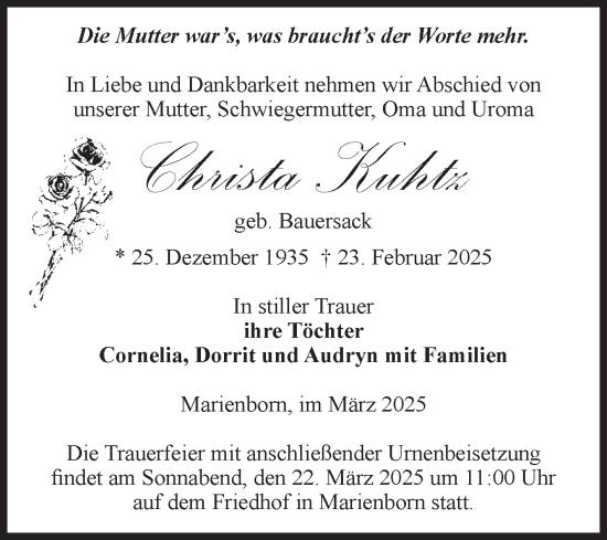 Traueranzeige von Christa Kuhtz von Volksstimme Oschersleben/Wanzleben