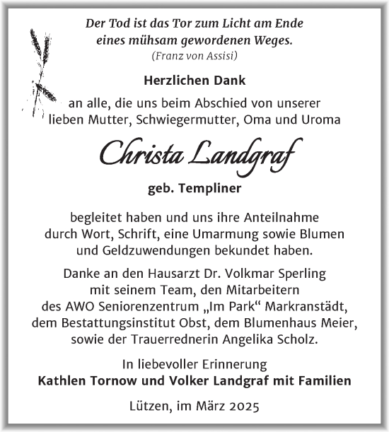 Traueranzeige von Christa Landgraf von Trauerkombi Weißenfels