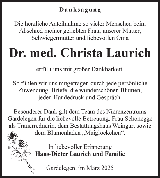 Traueranzeige von Christa Laurich von Volksstimme Altmark West
