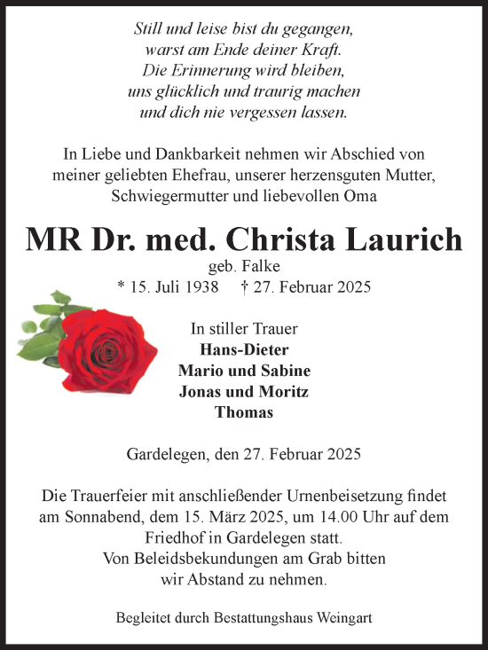 Traueranzeige von Christa Laurich von Volksstimme Altmark West