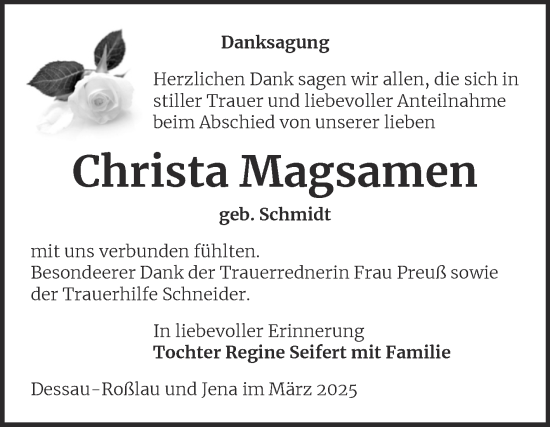 Traueranzeige von Christa Magsamen von Mitteldeutsche Zeitung Dessau-Roßlau