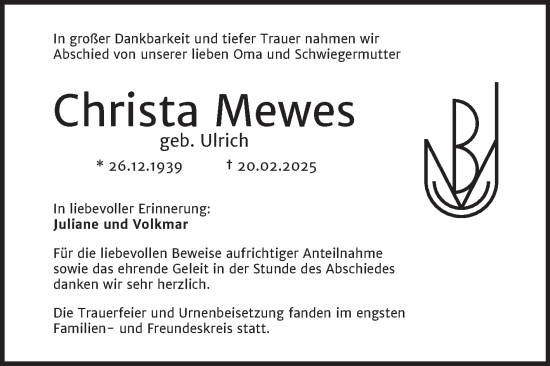 Traueranzeige von Christa Mewes von Mitteldeutsche Zeitung Bernburg