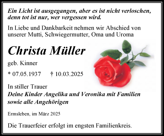 Traueranzeige von Christa Müller von Trauerkombi Quedlinburg