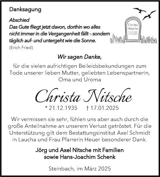 Traueranzeige von Christa Nitsche von Super Sonntag Naumburg/Nebra