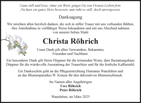 Traueranzeige von Christa Röhrich von Volksstimme Oschersleben/Wanzleben