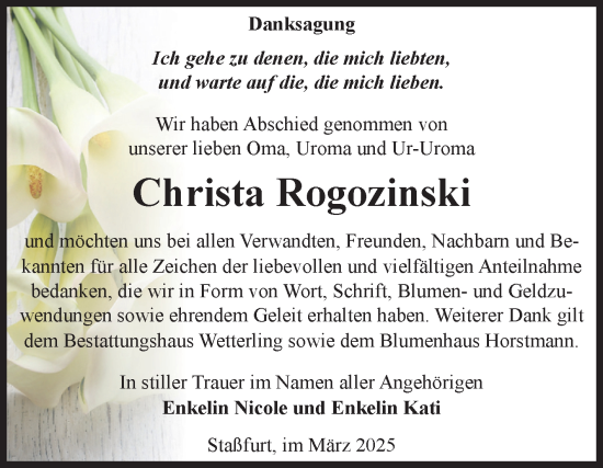 Traueranzeige von Christa Rogozinski von Volksstimme Staßfurt