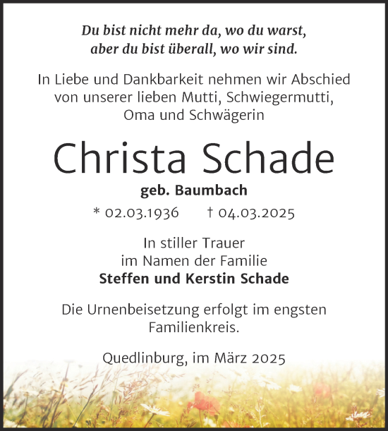 Traueranzeige von Christa Schade von Trauerkombi Quedlinburg