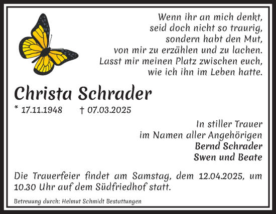 Traueranzeige von Christa Schrader von Volksstimme Magdeburg