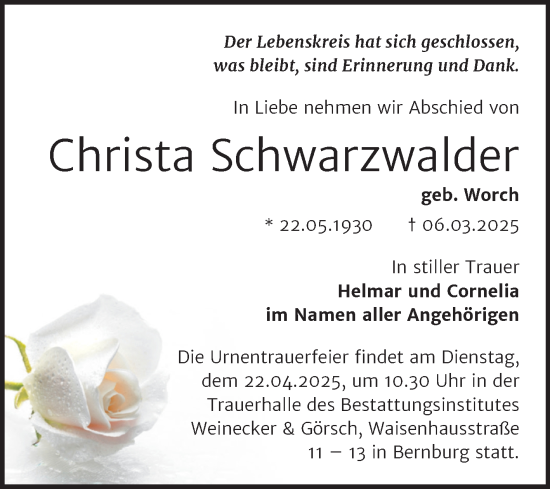 Traueranzeige von Christa Schwarzwalder von Trauerkombi Bernburg