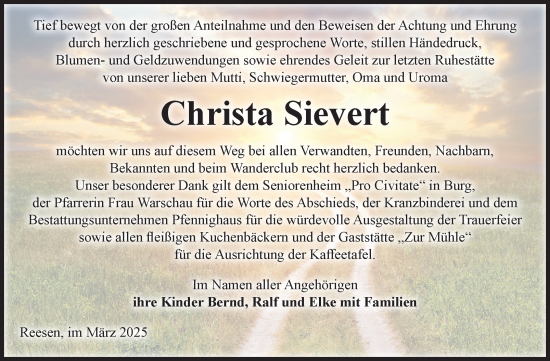 Traueranzeige von Christa Sievert von Volksstimme Burg/Genthin
