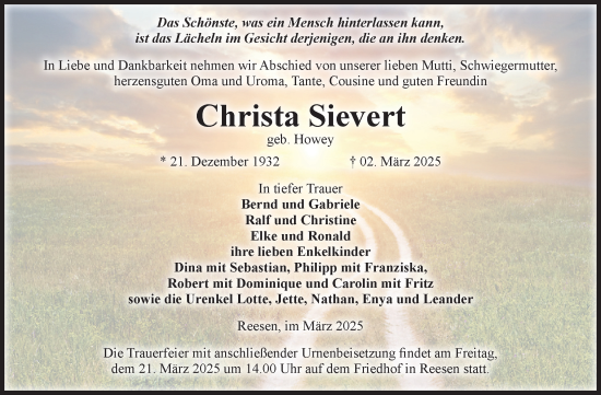 Traueranzeige von Christa Sievert von Volksstimme Burg/Genthin