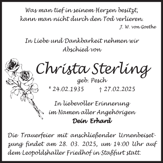 Traueranzeige von Christa Sterling von Volksstimme Staßfurt