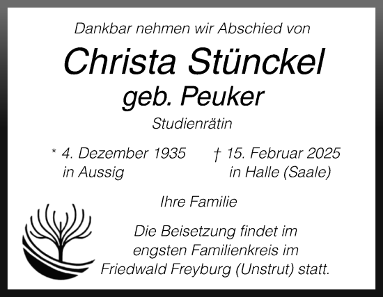Traueranzeige von Christa Stünckel von Mitteldeutsche Zeitung Halle/Saalkreis