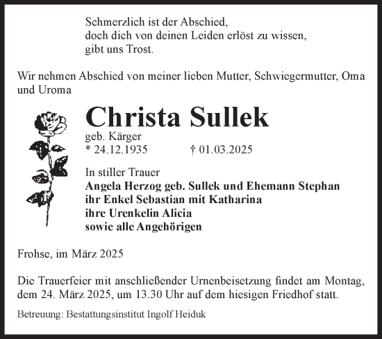 Traueranzeige von Christa Sullek von Volksstimme Schönebeck
