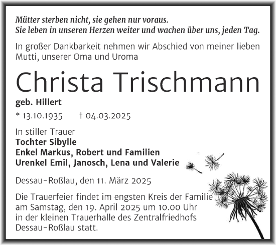 Traueranzeige von Christa Trischmann von Trauerkombi Dessau