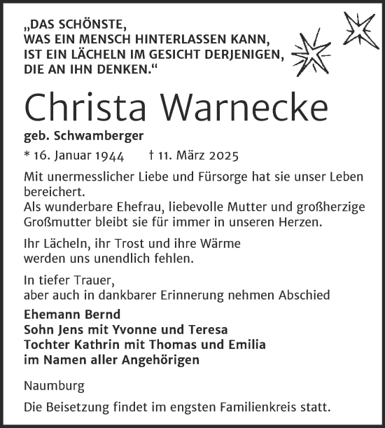 Traueranzeige von Christa Warnecke von Naumburger Tageblatt