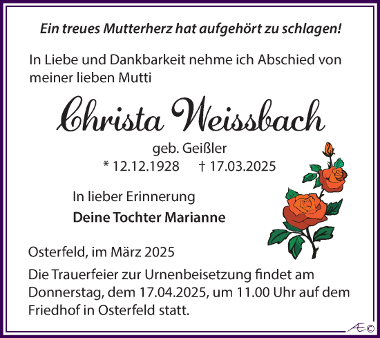 Traueranzeige von Christa Weissbach von Trauerkombi Zeitz