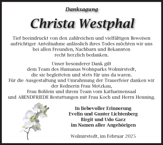 Traueranzeige von Christa Westphal von Volksstimme Haldensleben/Wolmirstedt