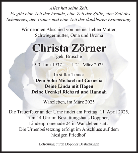 Traueranzeige von Christa Zörner von Volksstimme Oschersleben/Wanzleben