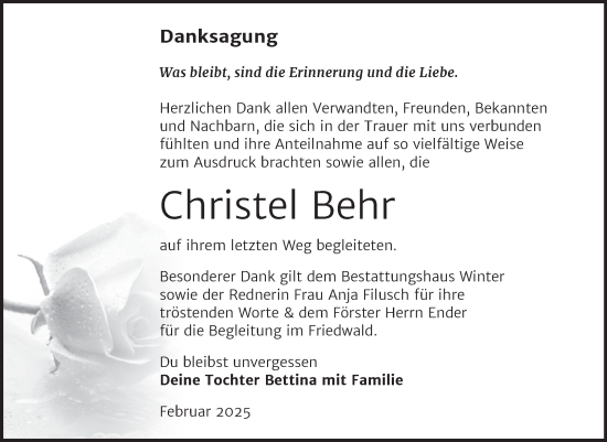 Traueranzeige von Christel Behr von Trauerkombi Bitterfeld