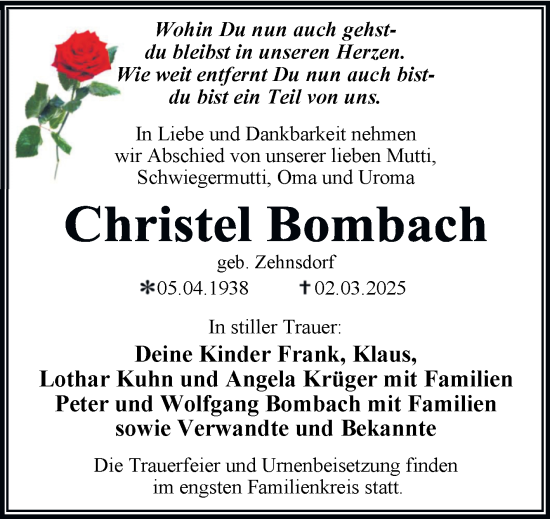 Traueranzeige von Christel Bombach von Trauerkombi Dessau