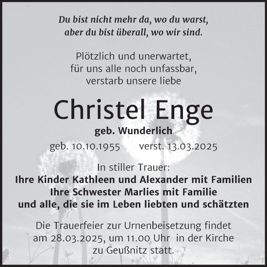 Traueranzeige von Christel Enge von Trauerkombi Zeitz