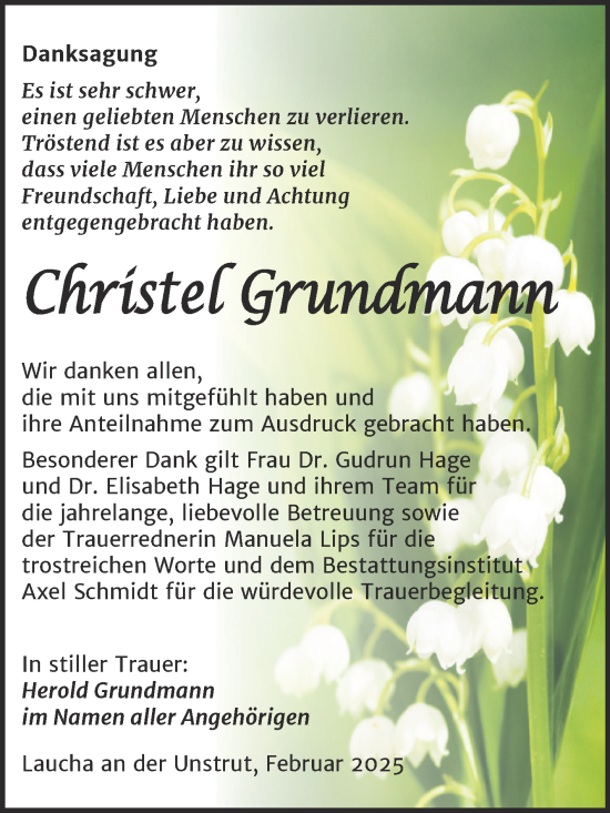 Traueranzeige von Christel Grundmann von Naumburger Tageblatt