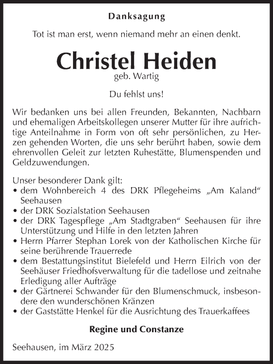Traueranzeige von Christel Heiden von Volksstimme Altmark Ost