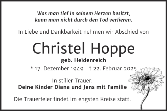 Traueranzeige von Christel Hoppe von Trauerkombi Dessau