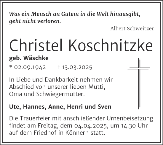 Traueranzeige von Christel Koschnitzke von Trauerkombi Bernburg