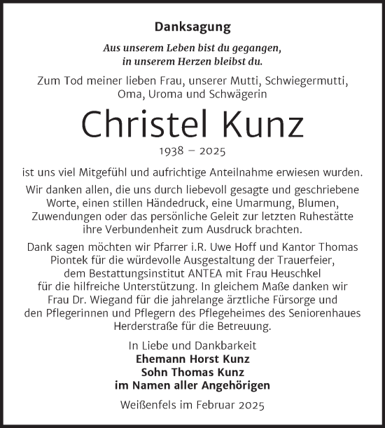 Traueranzeige von Christel Kunz von Trauerkombi Weißenfels