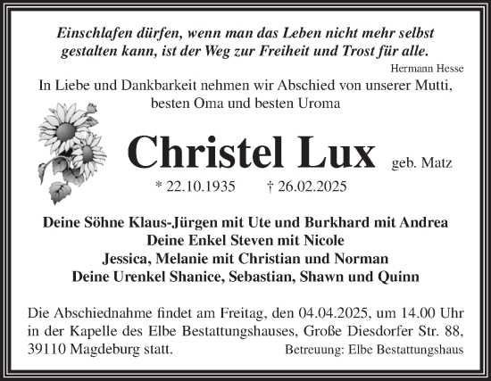 Traueranzeige von Christel Lux von Volksstimme Magdeburg