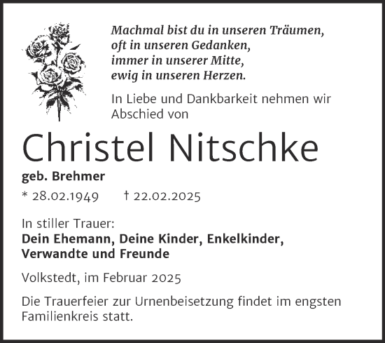 Traueranzeige von Christel Nitschke von Trauerkombi Mansfelder Land