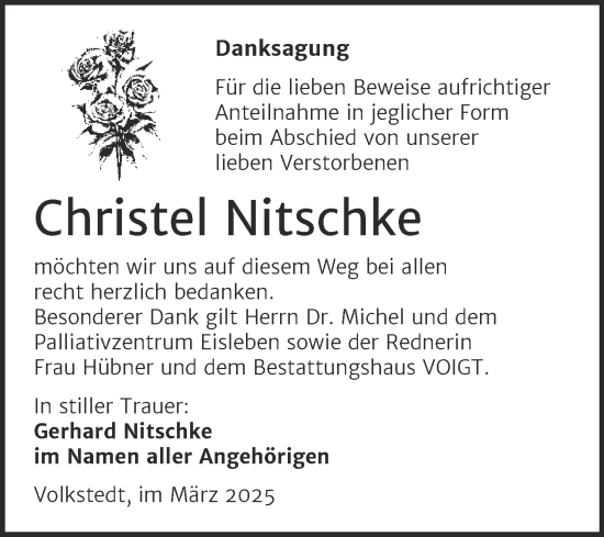 Traueranzeige von Christel Nitschke von Trauerkombi Mansfelder Land