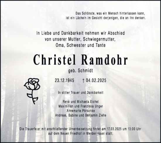 Traueranzeige von Christel Ramdohr von Super Sonntag Bernburg