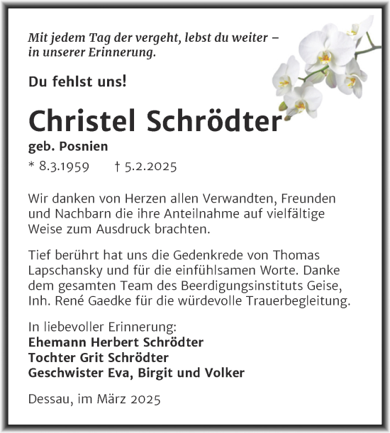 Traueranzeige von Christel Schrödter von Trauerkombi Dessau