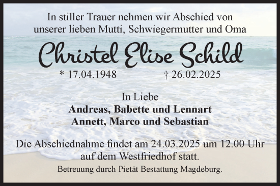 Traueranzeige von Christel Elise Schild von Volksstimme Magdeburg