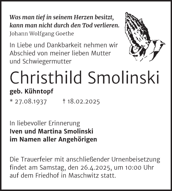 Traueranzeige von Christhild Smolinski von Mitteldeutsche Zeitung Halle/Saalkreis