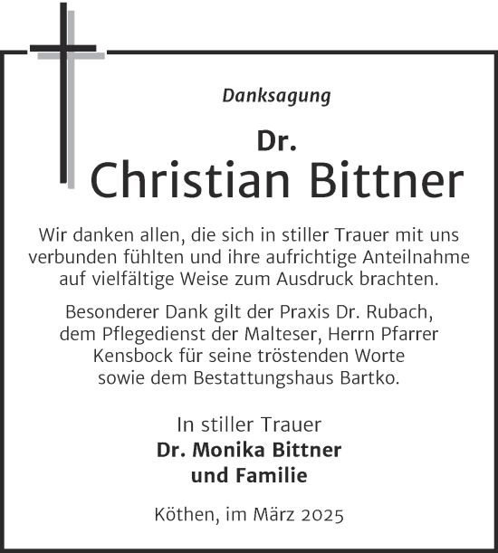 Traueranzeige von Christian Bittner von Trauerkombi Köthen
