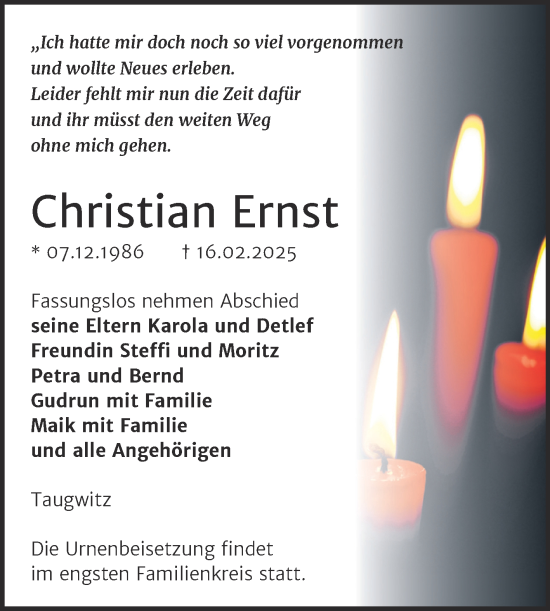 Traueranzeige von Christian Ernst von Super Sonntag Naumburg/Nebra