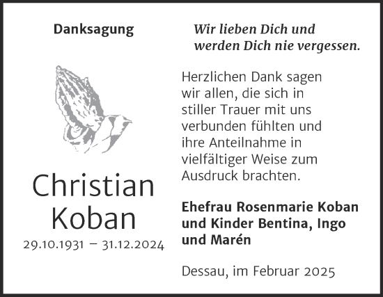 Traueranzeige von Christian Koban von Trauerkombi Dessau